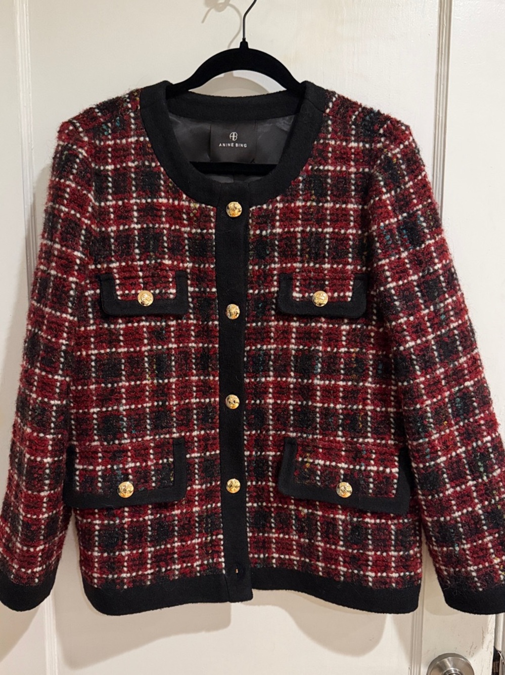 Anine Bing Red Plaid Tweed Blazer with Black Trim and Gold Buttons